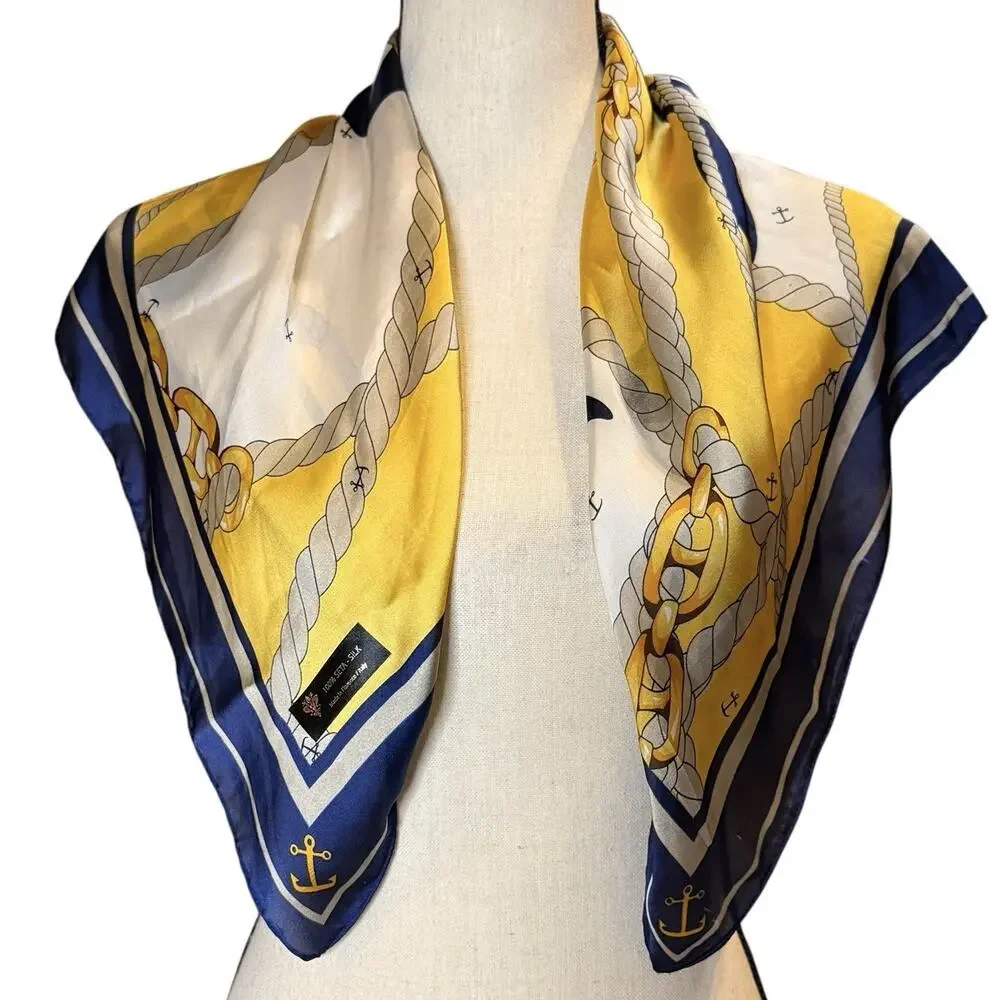 Nautical Anchor Rope Chain 100% Silk Square Scarf Navy Yellow White Classic 27”